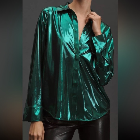 NWT Anthropologie green shiny Button‎ down Shirt size small - Picture 5 of 7